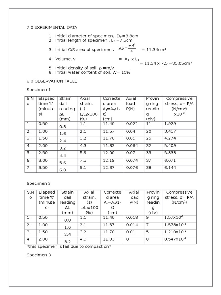 Unconfined Compression Test Calculation and Result PDF Continuum