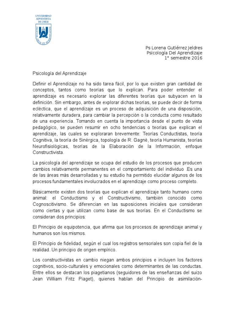 Psicología Del Aprendizaje | PDF | Memoria | Aprendizaje