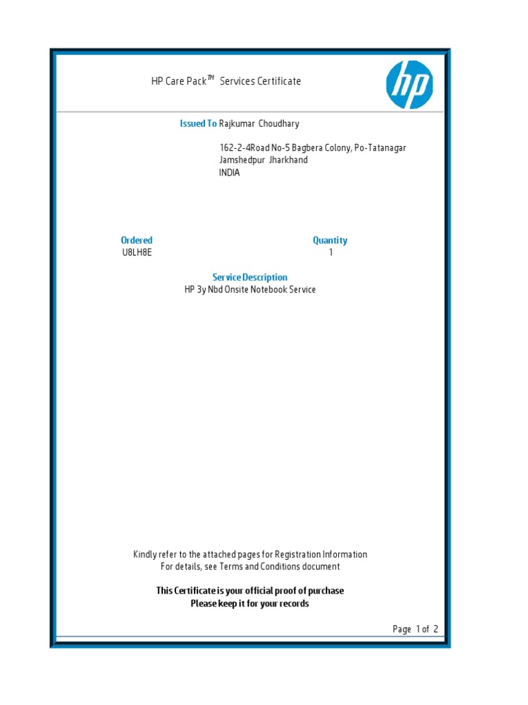 HP Care Pack Services Certificate Issued To PDF
