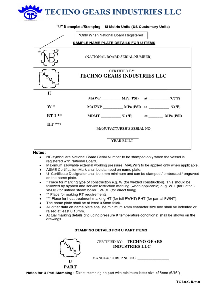 ASME U Stamp Nameplate Guidelines | PDF