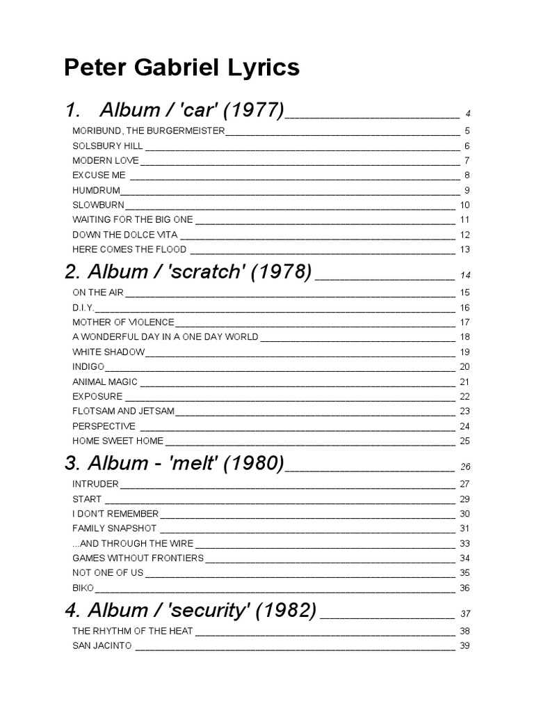 Peter Gabriel Lyrics PDF Nature Leisure