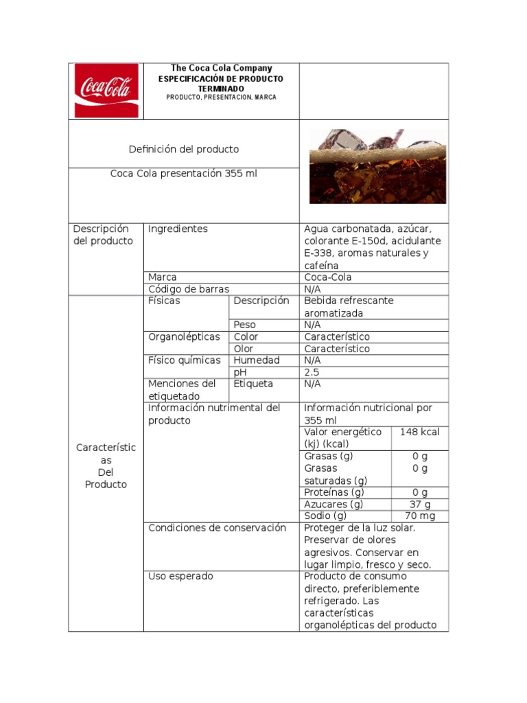 Ficha Tecnica Coca Cola Coca Cola Alimentos