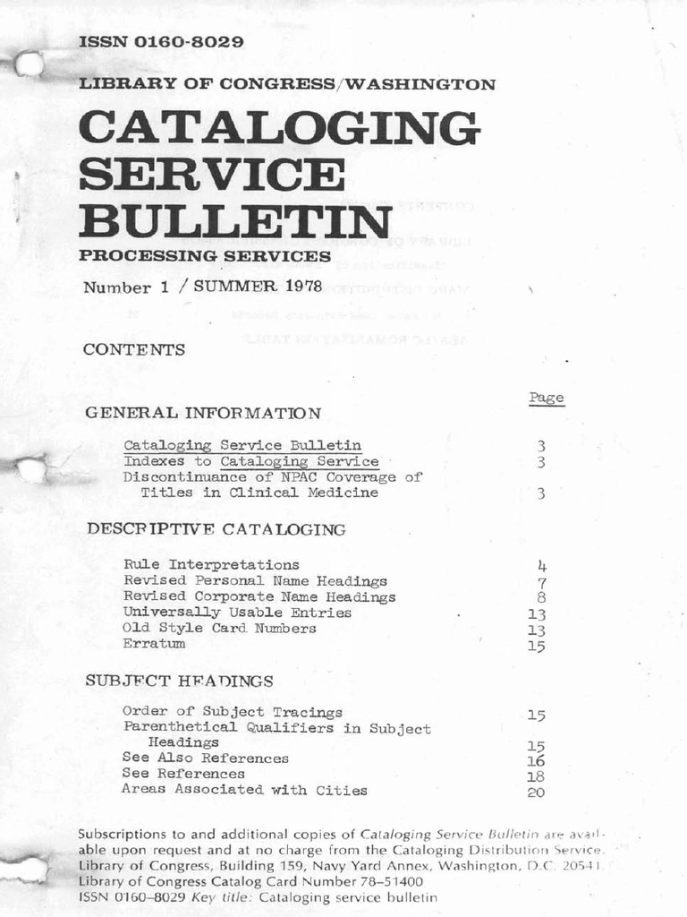Cataloging Service Bulletin PDF Cataloging Library And Museum