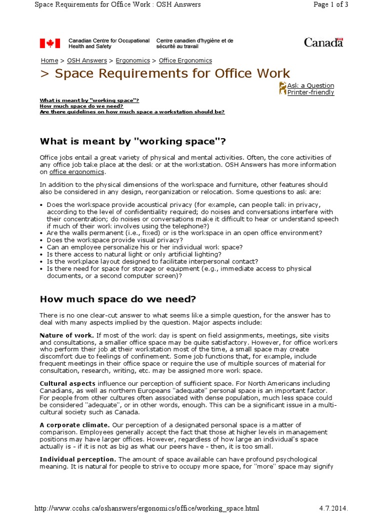Space Requirements for Office Work Desk