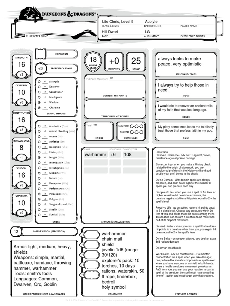 Life Cleric, Level 8 Acolyte Hill Dwarf LG: Strength | PDF | Role ...