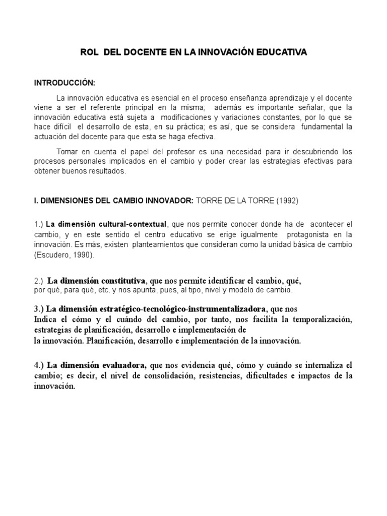 Rol del Docente en la Innovación Educativa | PDF | Innovación | Maestros