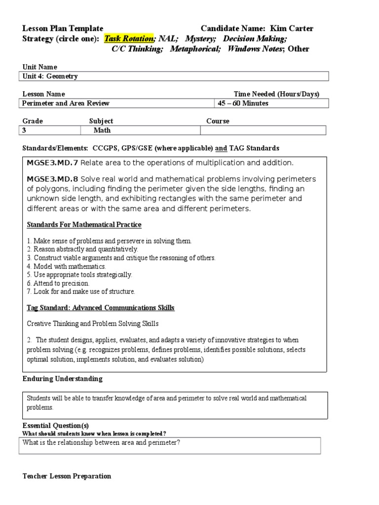 Geometry Lesson Plan: Area & Perimeter | PDF | Lesson Plan | Teaching ...