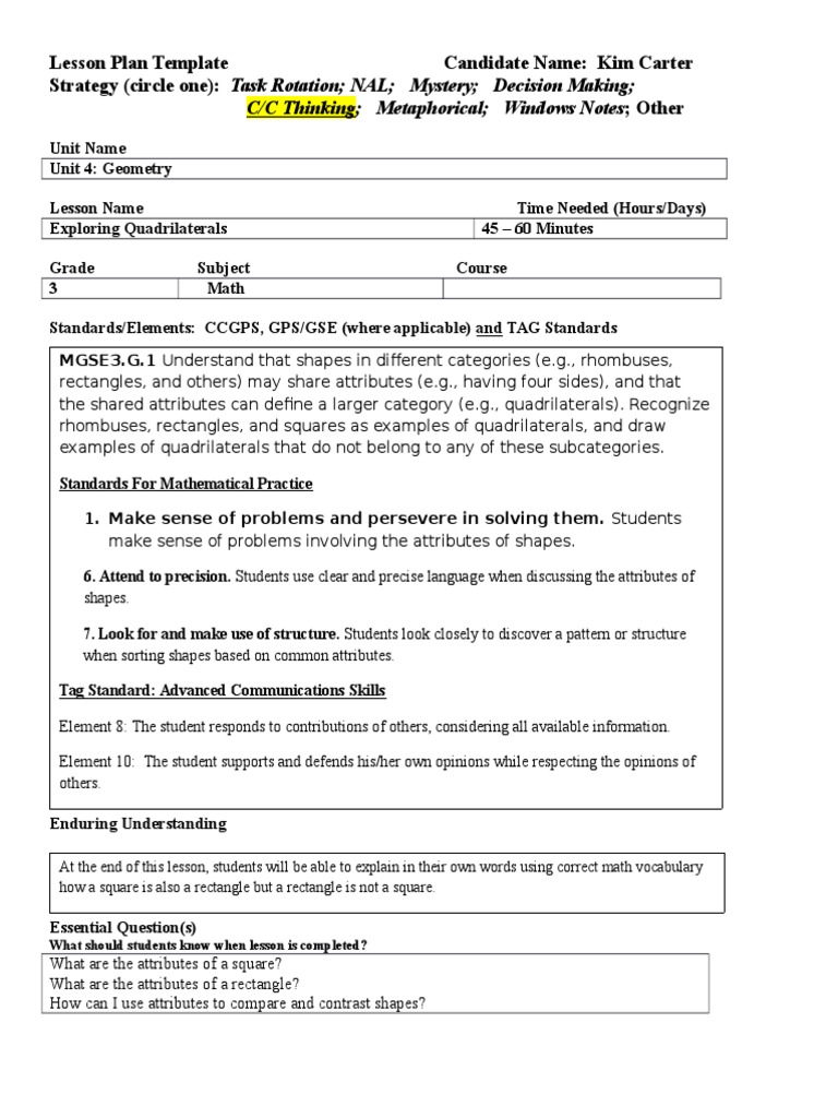 Grade 3 Geometry Lesson Plan | PDF | Teaching Mathematics | Behavior ...