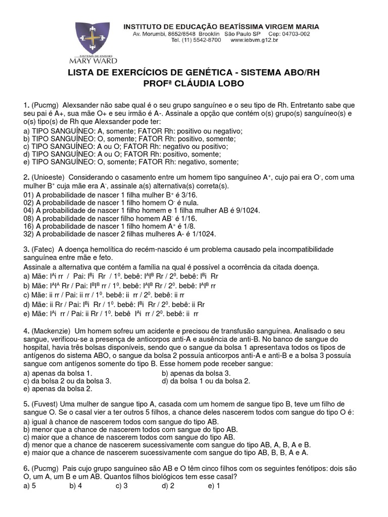 Exercícios sobre Sistema ABO e Rh | PDF | Tipo sanguíneo | Transfusão ...