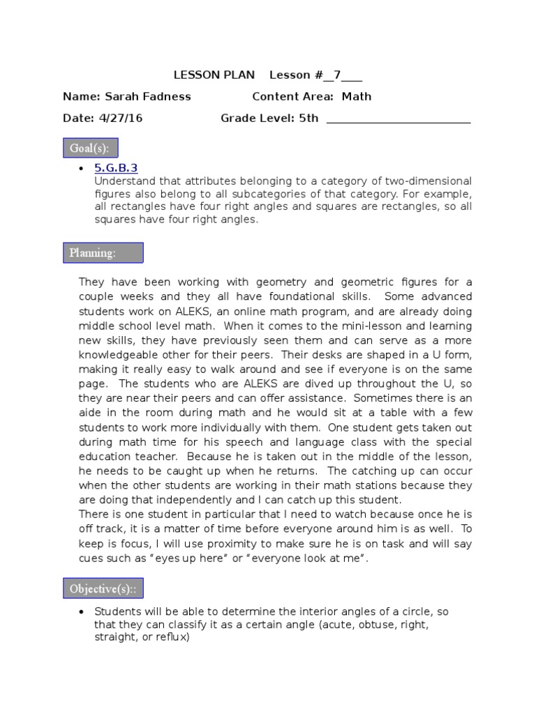 5th Grade Geometry Lesson Plan: Angles | PDF | Angle | Circle