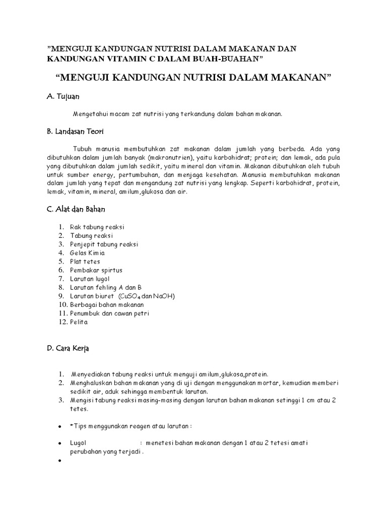 Menguji Kandungan Nutrisi Dalam Makanan Dan Kandungan Vitamin C Dalam