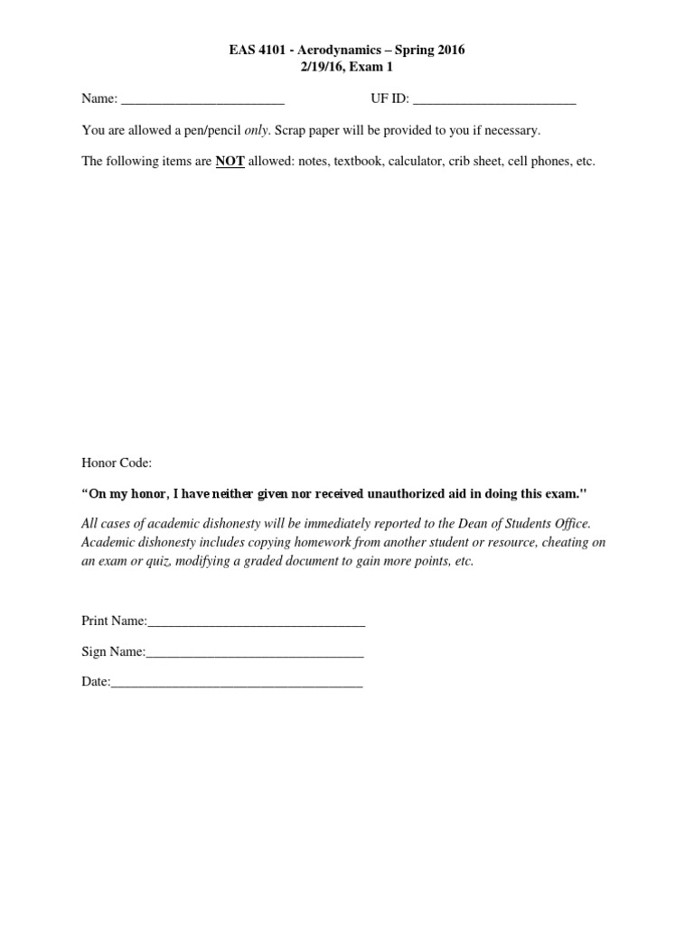 EAS 4101 Aerodynamics Exam 1 2016 | PDF | Lift (Force) | Fluid Dynamics