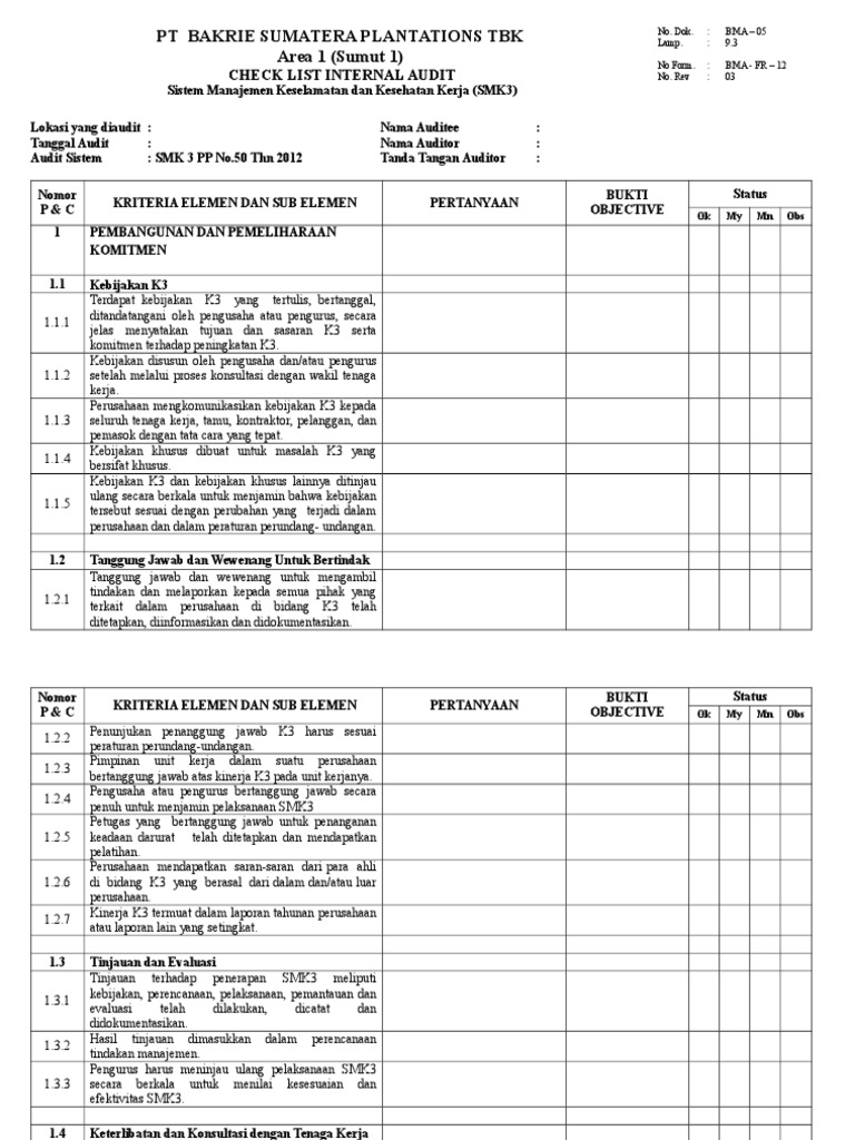 BMA-FR-12 Rev 02 - Checklist Internal Audit SMK 3 OK | PDF
