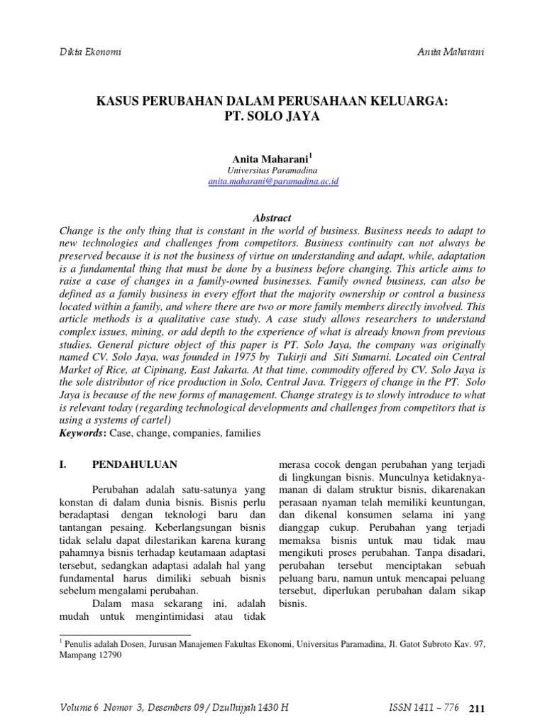 Kasus Perubahan Dalam Perusahaan Keluarga Pt Solo Jaya Case Study Strategic Management