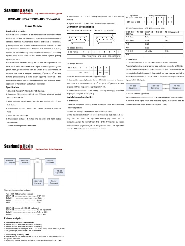 HXSP-485 RS-232/RS-485 Converter Guide | PDF | Computer Data ...