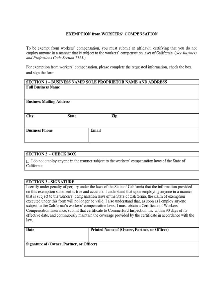 California Workers' Comp Exemption Form | PDF