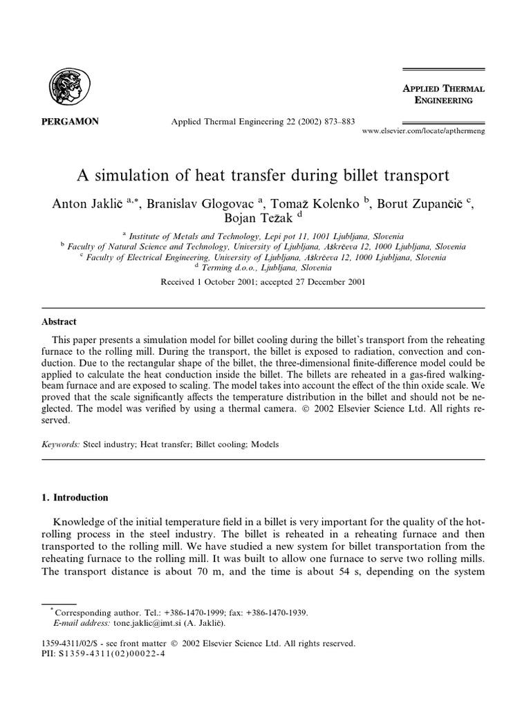 A Simulation of Heat Transfer During Billet Transport PDF | PDF