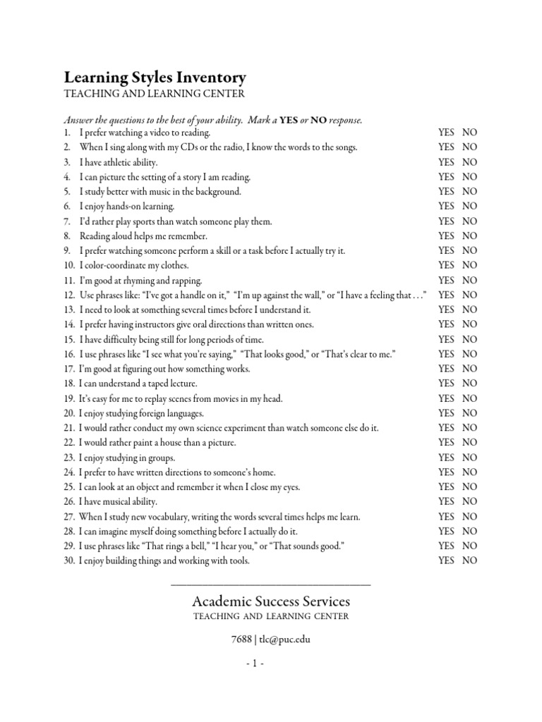 Learning Styles Inventory Learning Styles Neuropsychological Assessment