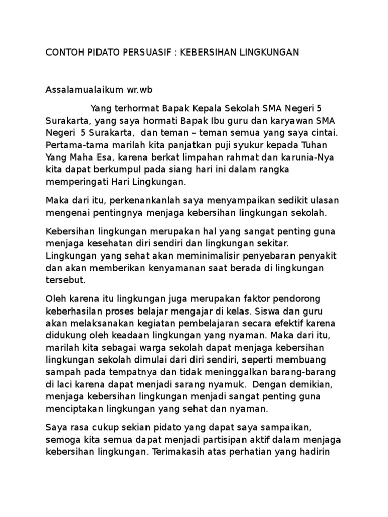 Contoh Pidato Persuasif Kebersihan Lingkungan