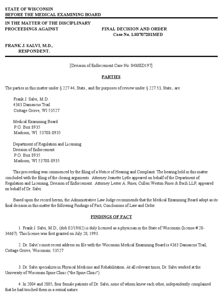 Wisconsin Medical Examining Board Discipline Order of Frank J. Salvi PDF Physical