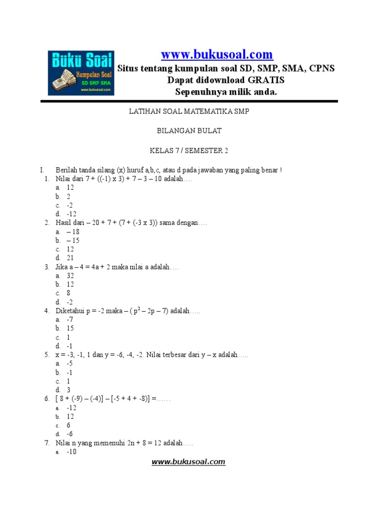 1 Latihan Soal Matematika Bilangan Bulat Smp Doc