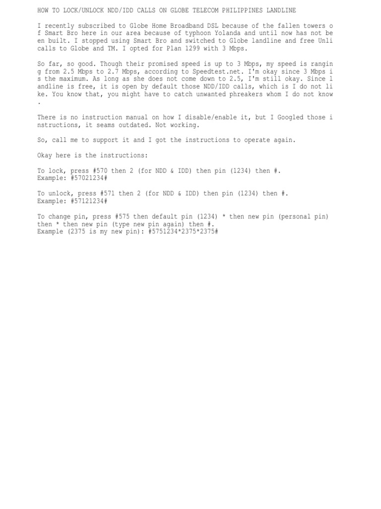 How To Lock/unlock Ndd/idd Calls On Globe Philippines Landline PDF
