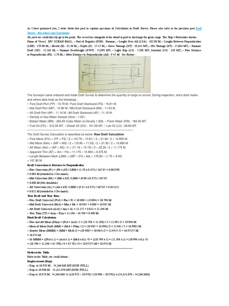 Draft Survey Calculation Example | PDF | Tonnage | Surveying