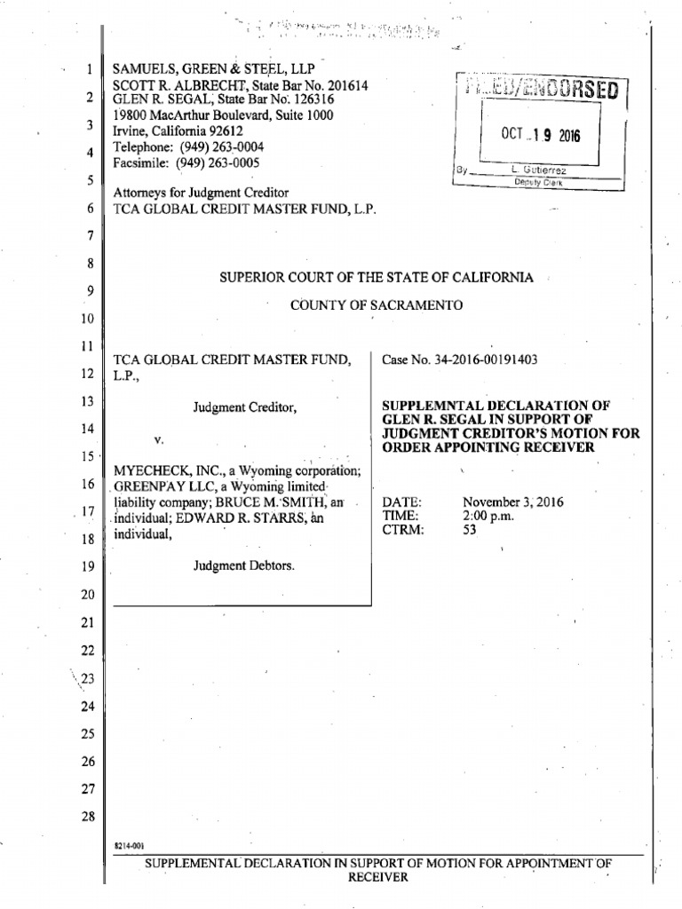 Myecheck Supplemental Support For Motion To Appoint A Receiver PDF