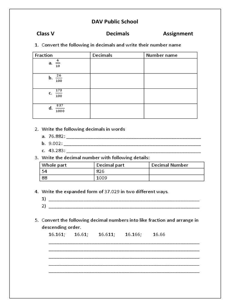 Decimals Assignment, class 5 | Decimal | Fraction (Mathematics)