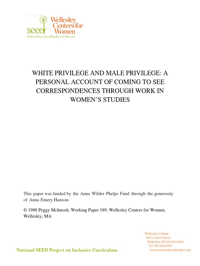 White Privilege and Male Privilege Personal Account by Peggy McIntosh ...