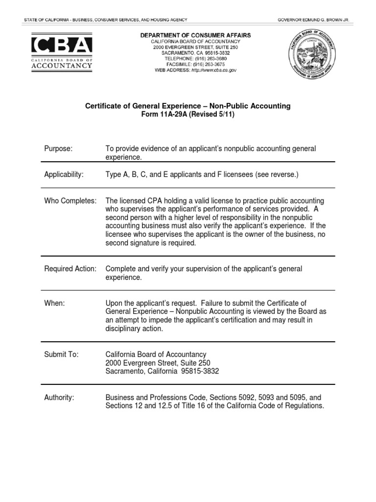 Certificate of General ExperienceNonPublic Accounting Certified