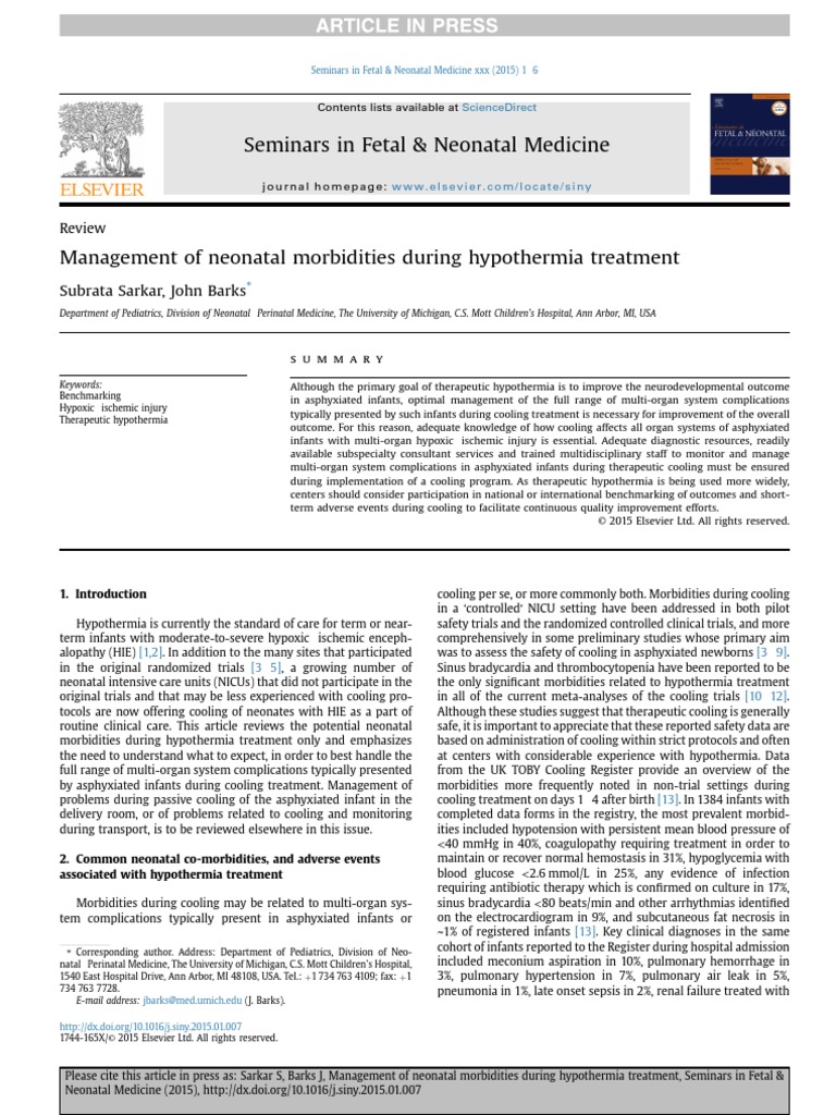 Management of Neonatal Morbidities During Hypothermia Treatment 2015