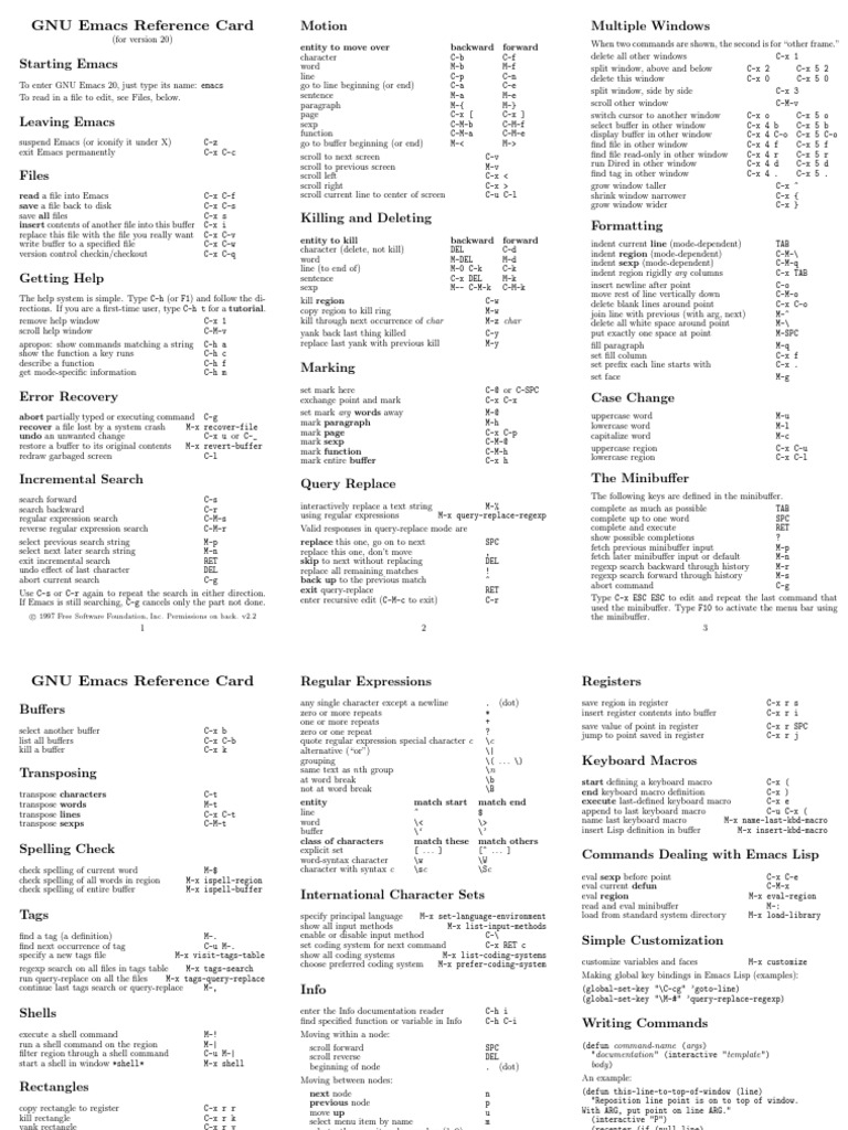 GNU Emacs 20 Reference Card | PDF | String (Computer Science) | Macro ...