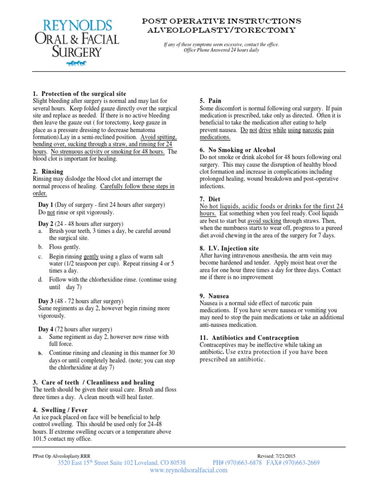 Alveoloplasty Post-Op Care Instructions | PDF | Nausea | Intravenous ...