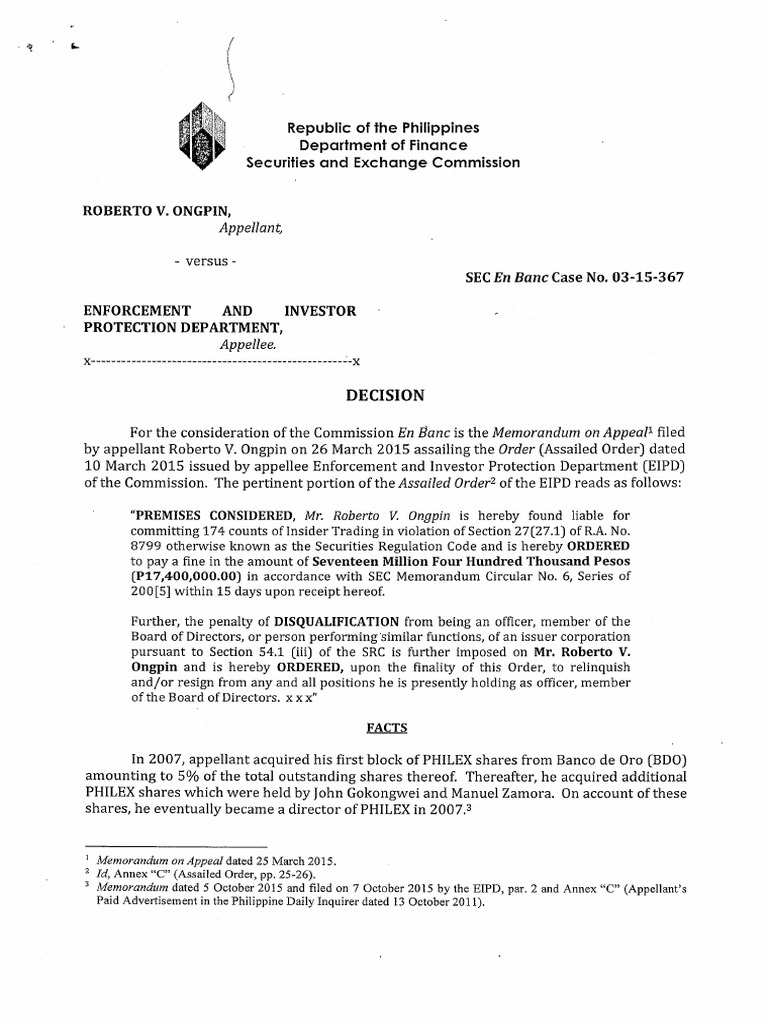 Republic of the Philippines Department of Finance Securities and