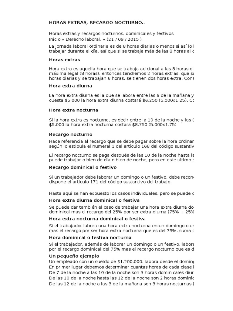 Concepto y de Horas Extras y Recargo Nocturno. PDF Hora Tiempo
