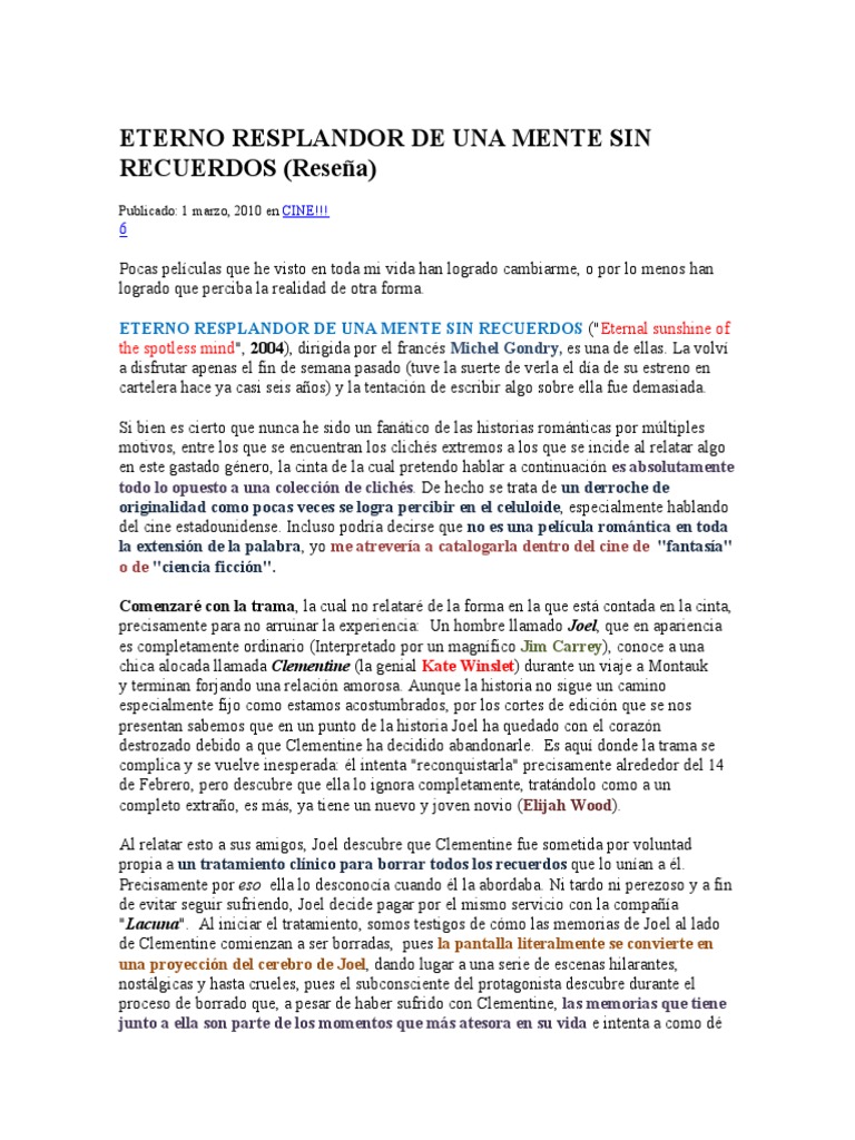 Eterno Resplandor De Una Mente Sin Recuerdos Pdf Ocio