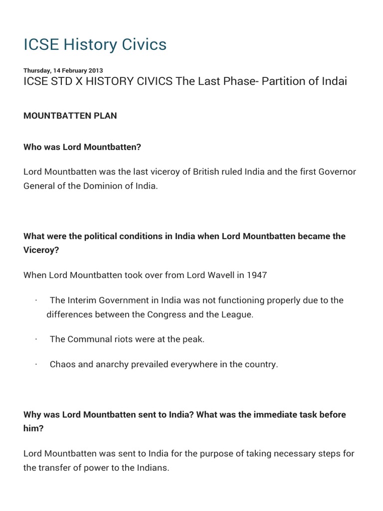 ICSE History Civics ICSE STD X HISTORY CIVICS The Last Phase Partition of Indai PDF