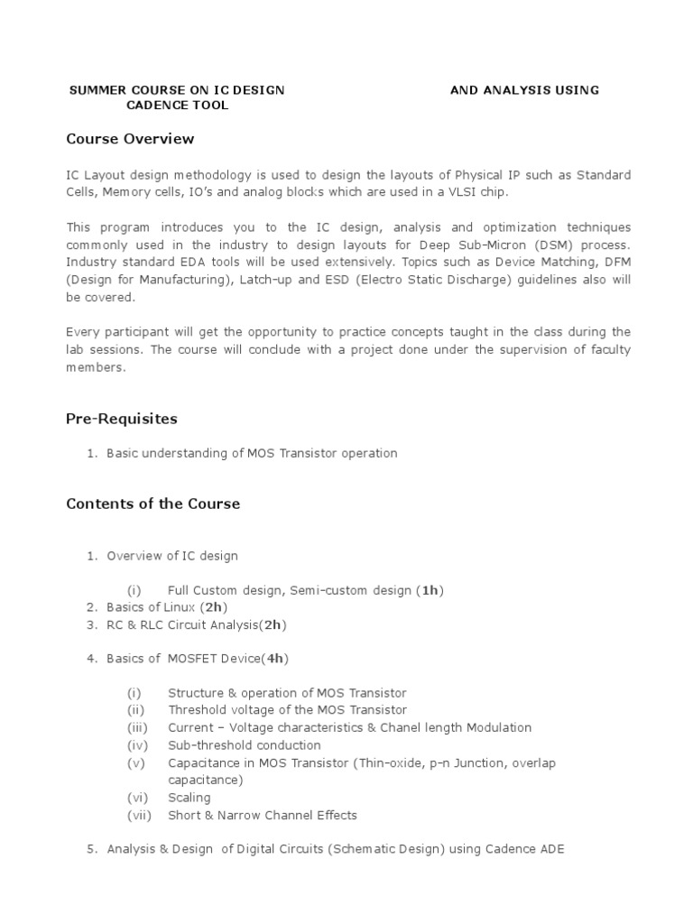 Summer IC Design Course with Cadence | PDF | Mosfet | Electronic Circuits