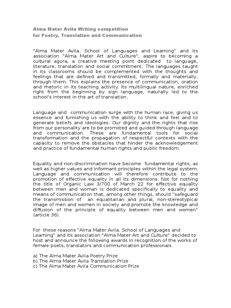 Alma Mater Avila Writing Competition | PDF | Translations | Social Equality