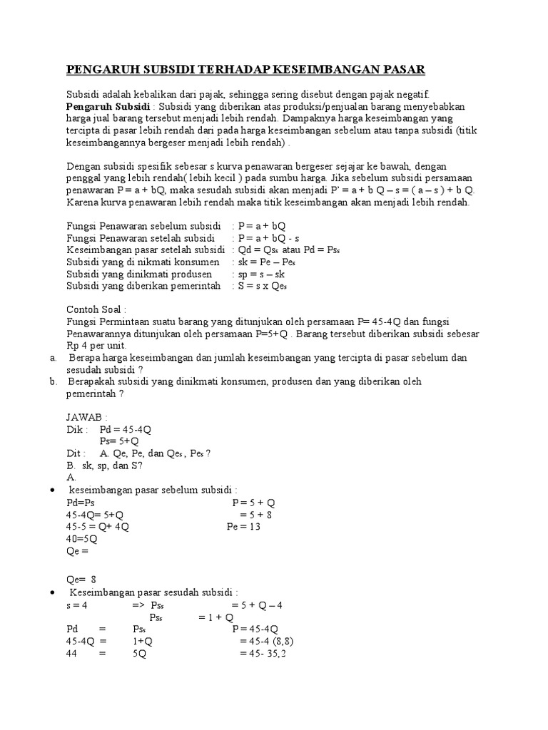 Pengaruh Subsidi Terhadap Keseimbangan Pasar