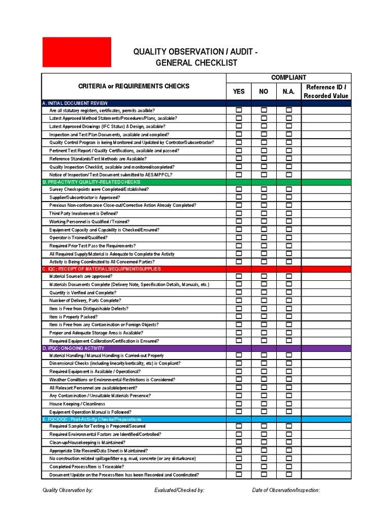General Quality Checklist in Construction | PDF | Specification
