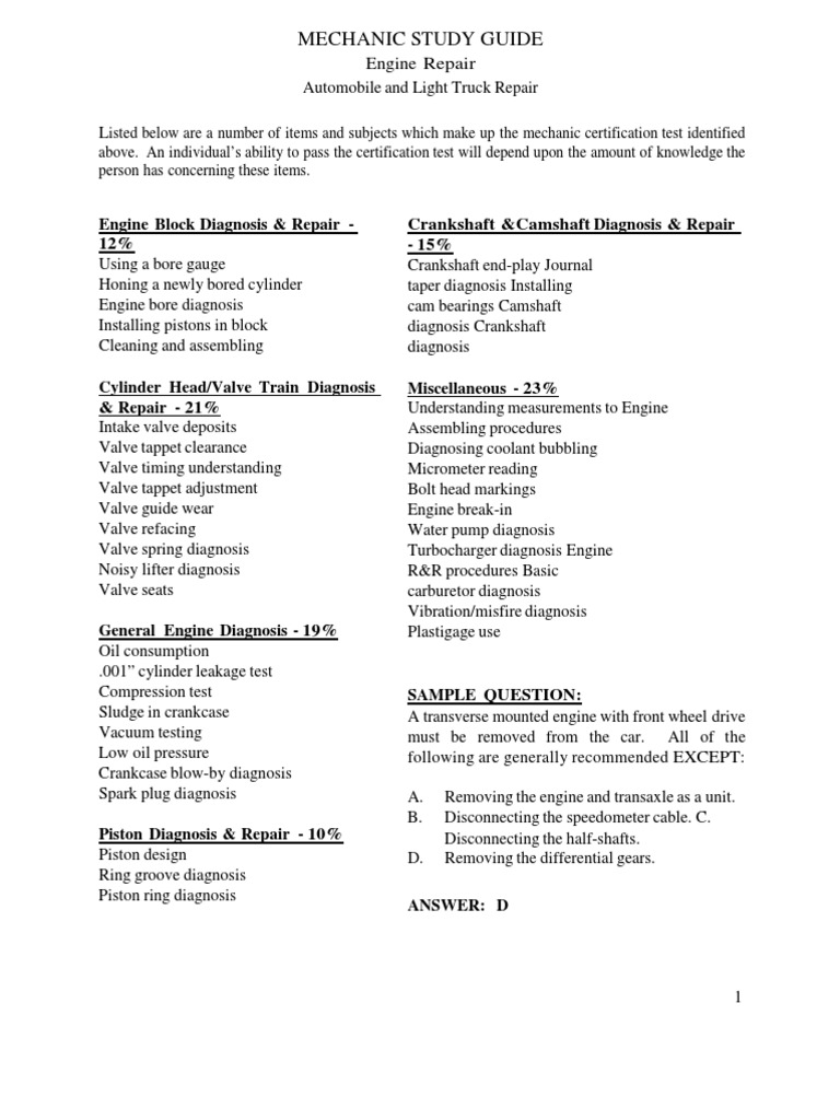 Mechanic Study Guide Engine Repair PDF