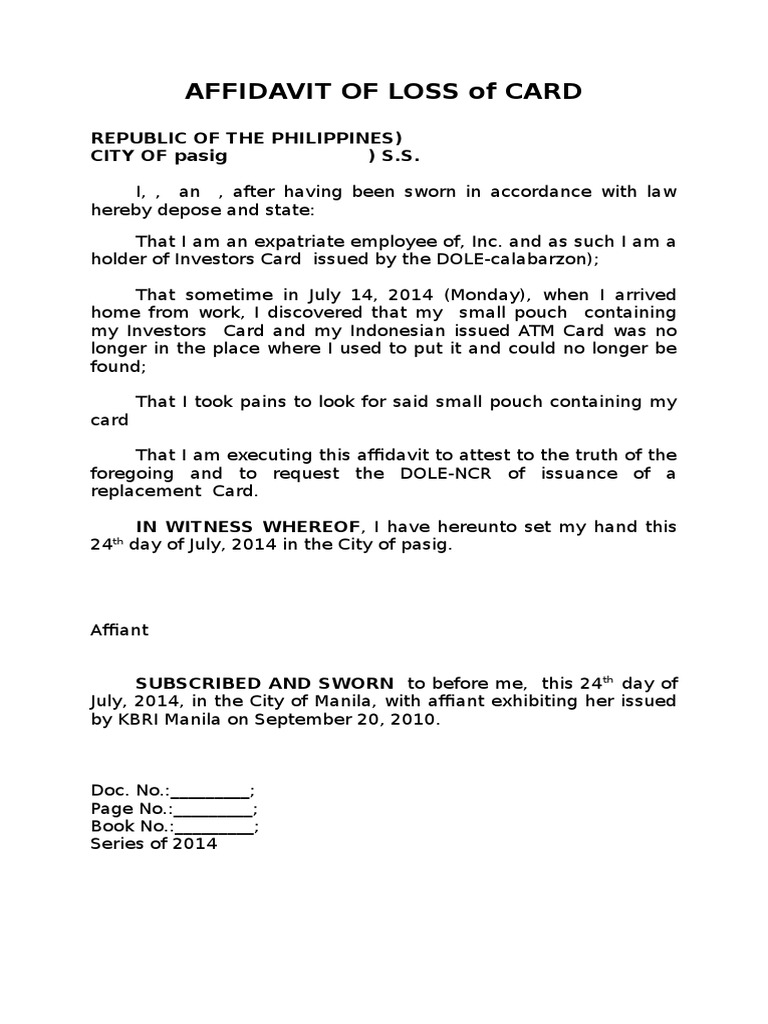 Affidavit of Loss of Card: Republic of The Philippines) City of Pasig ...