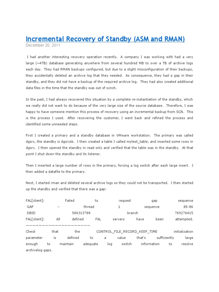 Incremental Recovery of Standby - ASM | PDF | Backup | Databases