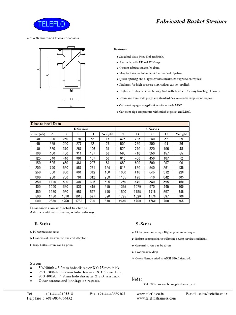 Technical Specifications and Dimensions for Fabricated Basket Strainers from Teleflo Strainers