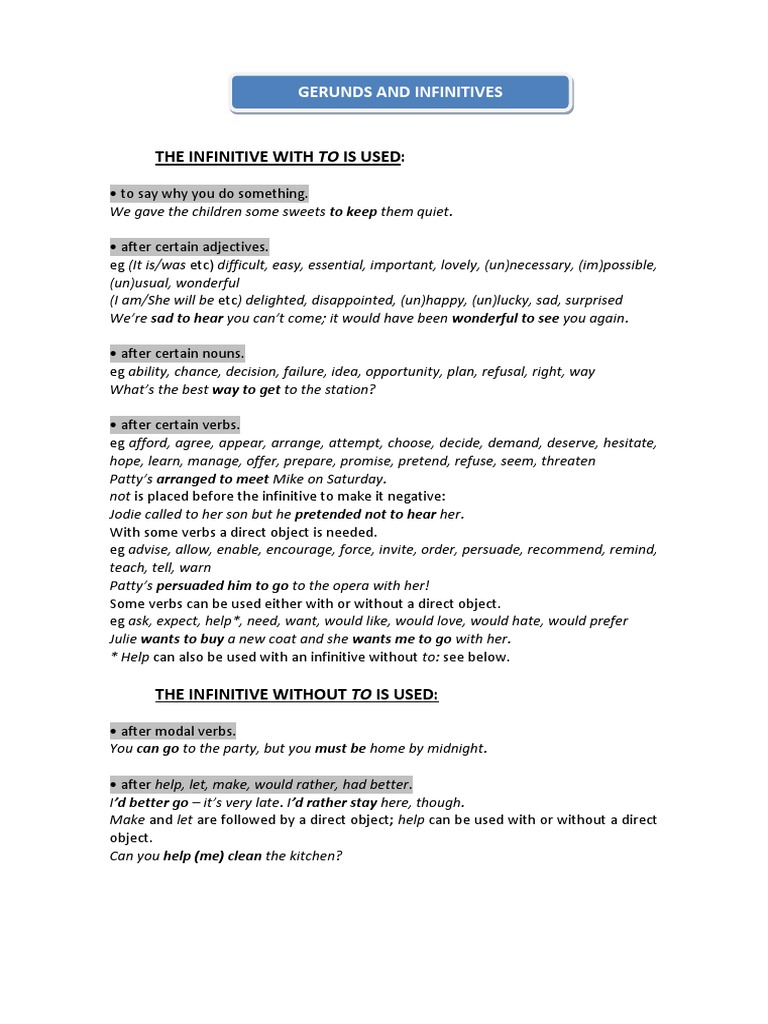 Infinitives and Gerunds Explained | PDF | Object (Grammar) | Verb