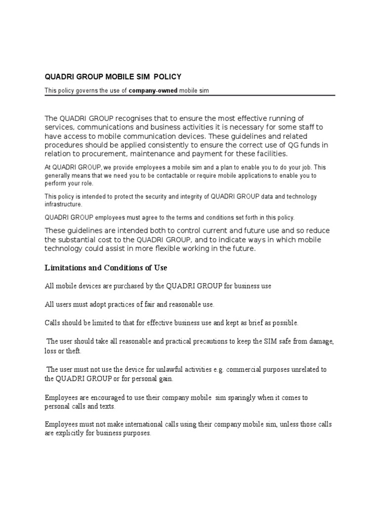 Managing Company-Owned Mobile SIMs: A Policy on Appropriate Usage ...