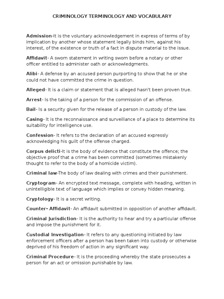 Criminology Terminology and Vocabulary Probation Crime & Violence