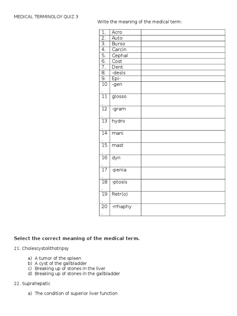 Medical Terminology Quiz 3 PDF Human Anatomy Health Sciences